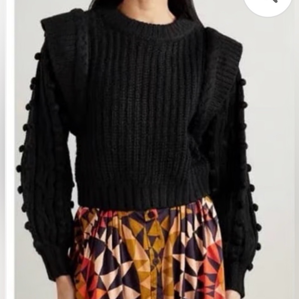 NEW! With Tags! Farm Rio Black Braided Sweater with pom-pom embellishments,Small